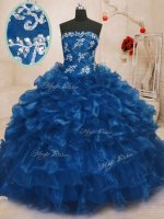 Luxurious Navy Blue Lace Up Strapless Beading and Appliques and Ruffles Quinceanera Gowns Organza Sleeveless