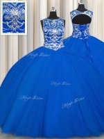 Inexpensive Ball Gowns 15 Quinceanera Dress Royal Blue Scoop Tulle Sleeveless Floor Length Lace Up