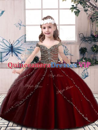 Best Tulle Spaghetti Straps Sleeveless Lace Up Beading Glitz Pageant Dress in Wine Red