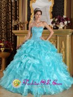Sweet Aqua Blue Quinceanera Dress With Beaded Bodice and Ruffles Layered Organza Skirt in Powell Wyoming/WY