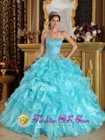 Sweet Aqua Blue Quinceanera Dress With Beaded Bodice and Ruffles Layered Organza Skirt in Powell Wyoming/WY(SKU QDZY108BIZ)