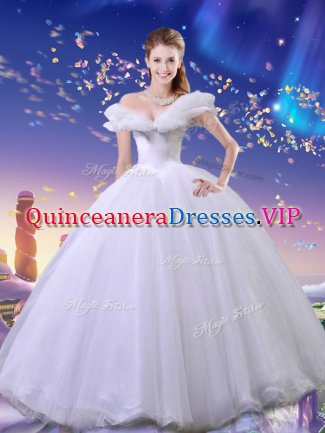 Cinderella Off the Shoulder Sleeveless Floor Length Beading and Bowknot Lace Up Sweet 16 Dresses with White