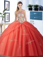 High Quality Halter Top Sleeveless Lace Up Floor Length Embroidery and Pick Ups Quinceanera Gowns