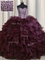 Beauteous Visible Boning Sleeveless With Train Beading and Ruffles Lace Up Ball Gown Prom Dress with Burgundy Brush Train