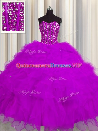 Visible Boning Floor Length Lace Up Quince Ball Gowns Fuchsia for Military Ball and Sweet 16 and Quinceanera with Beading and Ruffles and Sequins - Click Image to Close