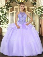 High End Lavender Quinceanera Gowns Military Ball and Sweet 16 and Quinceanera with Beading Halter Top Sleeveless Lace Up