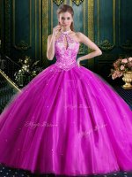 Halter Top Floor Length Ball Gowns Sleeveless Fuchsia Quinceanera Dresses Lace Up