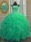 Clearance Turquoise Lace Up Straps Beading and Ruffles and Sequins Vestidos de Quinceanera Organza Cap Sleeves