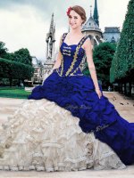 Extravagant Blue And White Quinceanera Gown Military Ball and Sweet 16 and Quinceanera with Beading and Ruffles and Pick Ups Straps Sleeveless Brush Train Lace Up(SKU SJQDDT858002-3BIZ)