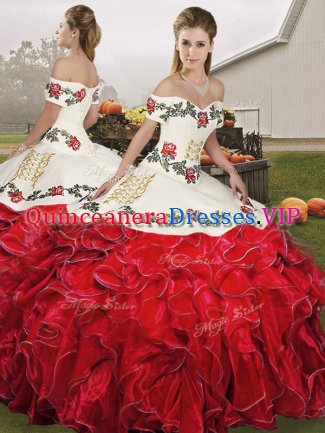White And Red Ball Gowns Organza Off The Shoulder Sleeveless Embroidery and Ruffles Floor Length Lace Up Quinceanera Dresses