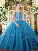 Blue Ball Gowns Beading 15 Quinceanera Dress Lace Up Tulle Sleeveless