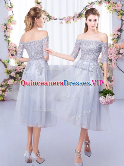 Tulle Half Sleeves Tea Length Quinceanera Dama Dress and Lace - Click Image to Close
