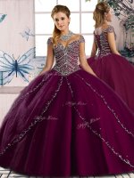 Chic Purple Quinceanera Gowns Tulle Brush Train Cap Sleeves Beading