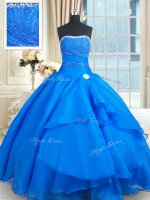 Latest Blue Lace Up Strapless Beading and Lace and Sequins Vestidos de Quinceanera Organza Sleeveless Court Train
