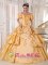 The Shoulder and Short Sleeves Yellow Quinceanera Dress With Embroidery and Pick-ups