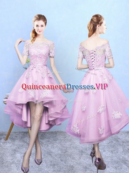 Rose Pink A-line Lace Dama Dress for Quinceanera Lace Up Tulle Short Sleeves High Low - Click Image to Close