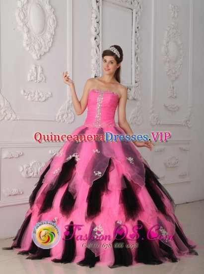 Ruched Bodice Beautiful Pink and Black Princess Quinceanera Dress IN Clifton Park NY - Click Image to Close
