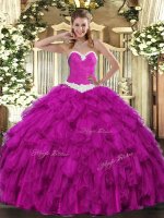 Latest Fuchsia Sweetheart Lace Up Appliques and Ruffles 15th Birthday Dress Sleeveless