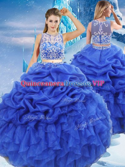 Two Pieces Quinceanera Gowns Royal Blue Scoop Organza Sleeveless Floor Length Zipper - Click Image to Close