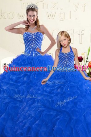 Blue Ball Gowns Beading and Ruffles Ball Gown Prom Dress Lace Up Organza Sleeveless Floor Length