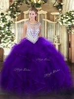 Purple Scoop Zipper Beading and Ruffles Vestidos de Quinceanera Sleeveless