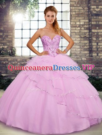 Popular Lilac Ball Gowns Sweetheart Sleeveless Tulle Brush Train Lace Up Beading and Ruffled Layers Quinceanera Dress