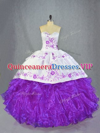 Sweetheart Sleeveless Quince Ball Gowns Brush Train Beading and Ruffles Purple Organza