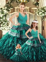 Low Price Turquoise Ball Gowns V-neck Sleeveless Organza Floor Length Backless Appliques and Ruffles 15 Quinceanera Dress(SKU SJQDDT1834002-LGBIZ)