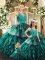 Low Price Turquoise Ball Gowns V-neck Sleeveless Organza Floor Length Backless Appliques and Ruffles 15 Quinceanera Dress