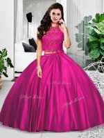 Fuchsia Halter Top Neckline Lace and Ruching Sweet 16 Dresses Sleeveless Zipper
