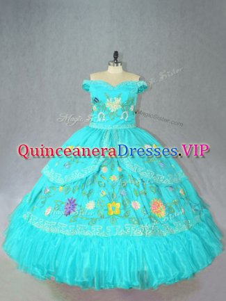 Inexpensive Aqua Blue Sweet 16 Dresses Sweet 16 and Quinceanera with Embroidery Off The Shoulder Sleeveless Lace Up