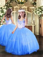 Stylish Floor Length Lace Up Little Girls Pageant Dress Baby Blue for Party and Sweet 16 and Wedding Party with Beading(SKU PAG1036BIZ)
