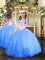 Stylish Floor Length Lace Up Little Girls Pageant Dress Baby Blue for Party and Sweet 16 and Wedding Party with Beading