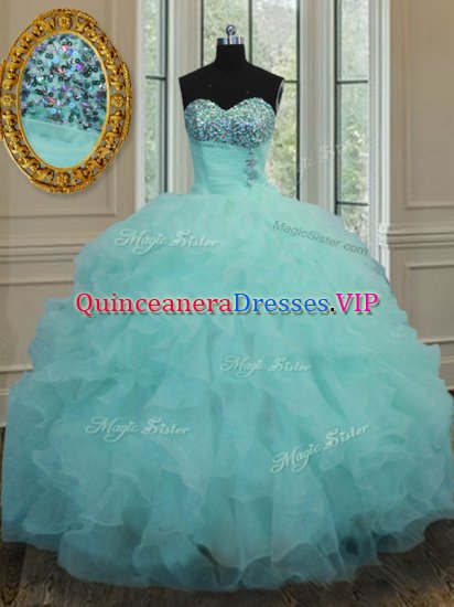 Charming Ball Gowns Quinceanera Gowns Aqua Blue Sweetheart Organza Sleeveless Floor Length Lace Up - Click Image to Close
