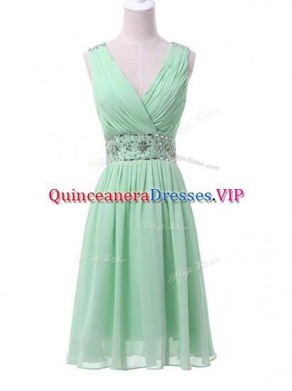 V-neck Sleeveless Chiffon Court Dresses for Sweet 16 Beading and Ruching Zipper - Click Image to Close