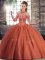 Customized Lace Up Quinceanera Gown Rust Red for Military Ball and Sweet 16 and Quinceanera with Beading Brush Train