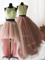 Custom Design Three Piece Scoop With Train Zipper Quince Ball Gowns Baby Pink for Military Ball and Sweet 16 and Quinceanera with Beading and Lace and Ruffles Brush Train