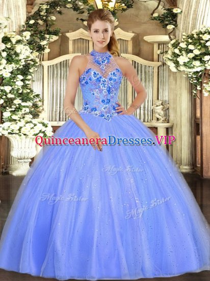 Sleeveless Tulle Floor Length Lace Up Quinceanera Dress in Blue with Embroidery - Click Image to Close