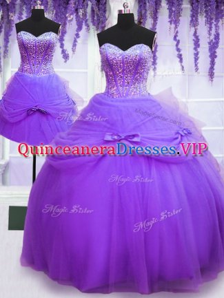 Three Piece Sleeveless Floor Length Beading and Bowknot Lace Up Vestidos de Quinceanera with Purple