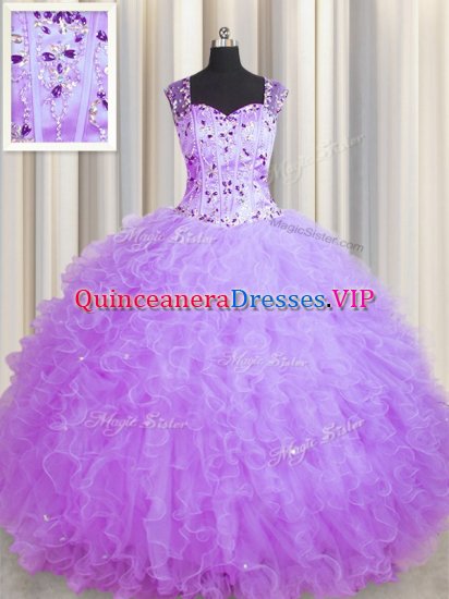 See Through Zipper Up Square Sleeveless Tulle Sweet 16 Dresses Beading and Ruffles Zipper - Click Image to Close