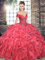 Noble Coral Red Ball Gowns Beading and Ruffles Sweet 16 Quinceanera Dress Lace Up Organza Sleeveless Floor Length(SKU SJQDDT2099002-9BIZ)