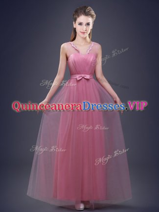 Custom Designed Pink Empire Appliques and Ruching and Bowknot Damas Dress Lace Up Tulle Sleeveless Floor Length
