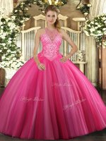 Custom Made Hot Pink Ball Gowns Beading Sweet 16 Quinceanera Dress Lace Up Tulle Sleeveless Floor Length