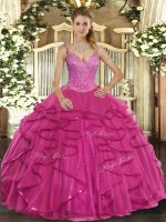 Wonderful Hot Pink V-neck Lace Up Beading and Ruffles Quince Ball Gowns Sleeveless