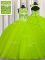 Scoop Sleeveless Tulle Floor Length Lace Up 15th Birthday Dress in Yellow Green with Beading