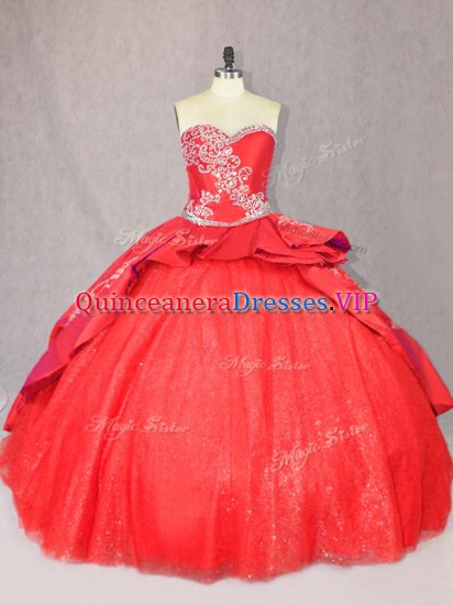 Inexpensive Floor Length Red 15 Quinceanera Dress Sweetheart Sleeveless Court Train Lace Up - Click Image to Close