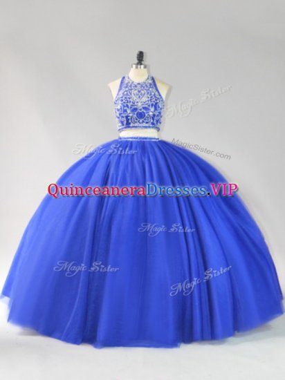 Royal Blue Halter Top Neckline Beading Quince Ball Gowns Sleeveless Backless - Click Image to Close
