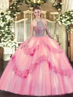 Baby Pink Lace Up Quinceanera Gowns Beading and Appliques Sleeveless Floor Length