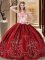 Graceful Wine Red Taffeta Lace Up Strapless Sleeveless Floor Length Quinceanera Dress Embroidery