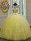 Scoop Floor Length Backless Ball Gown Prom Dress Light Yellow for Military Ball and Sweet 16 and Quinceanera with Beading and Appliques